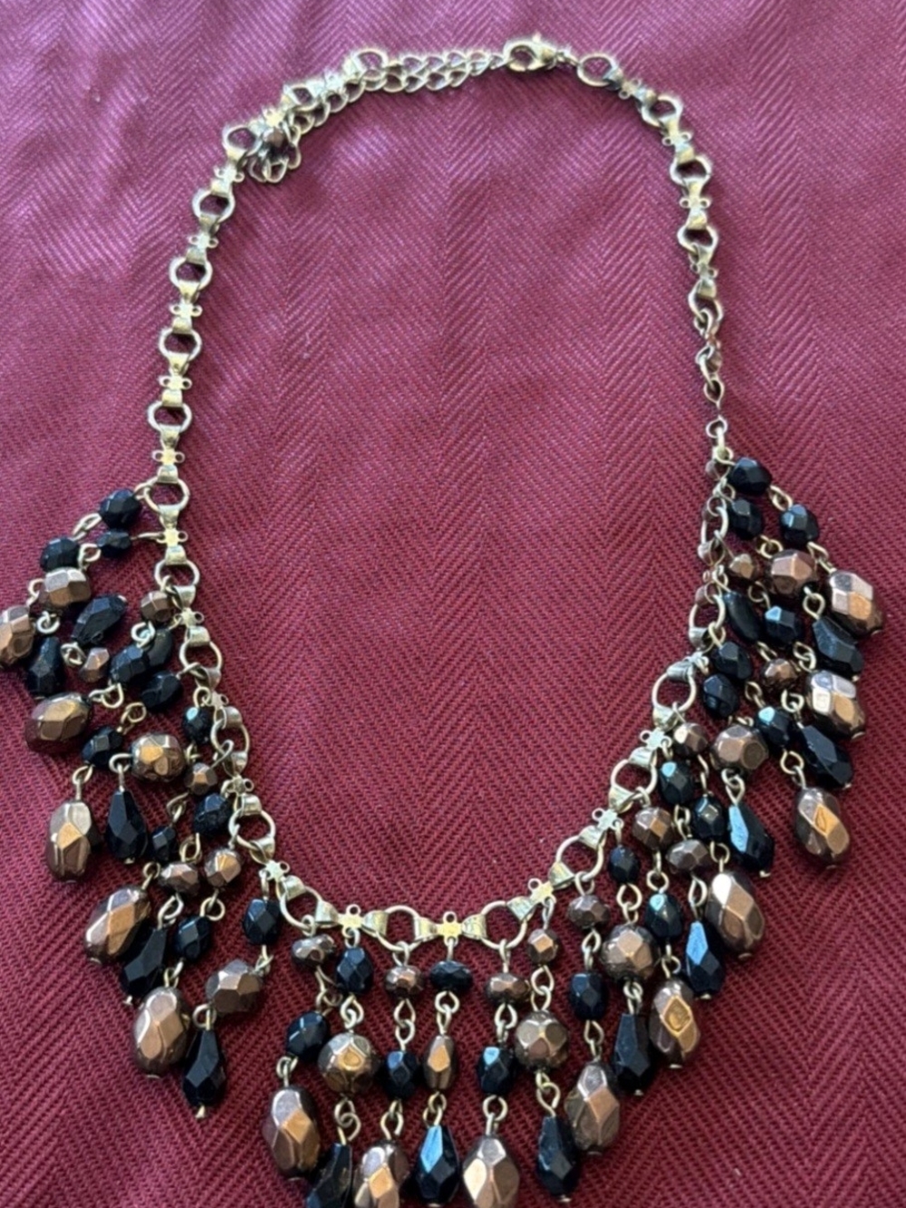 Gold-Tone Statement Bib Necklace with Black and Bronze Beads Metallic